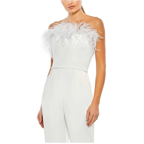 Mac Duggal Strapless Jumpsuit With Feather Trim Size 2 White Crepe Polyester Sle - Picture 3 of 10